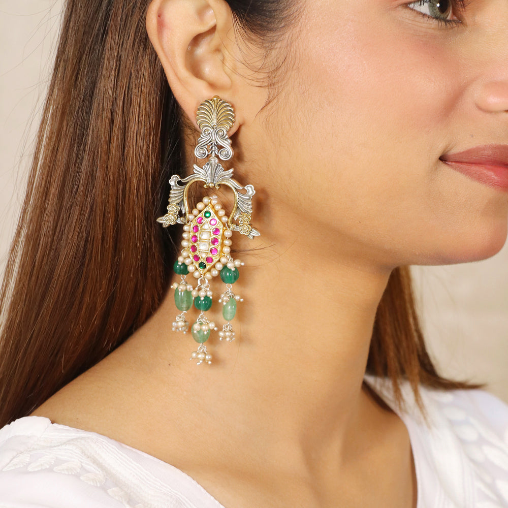 Long Dangling Kundan with Green Beads Earrings image 0